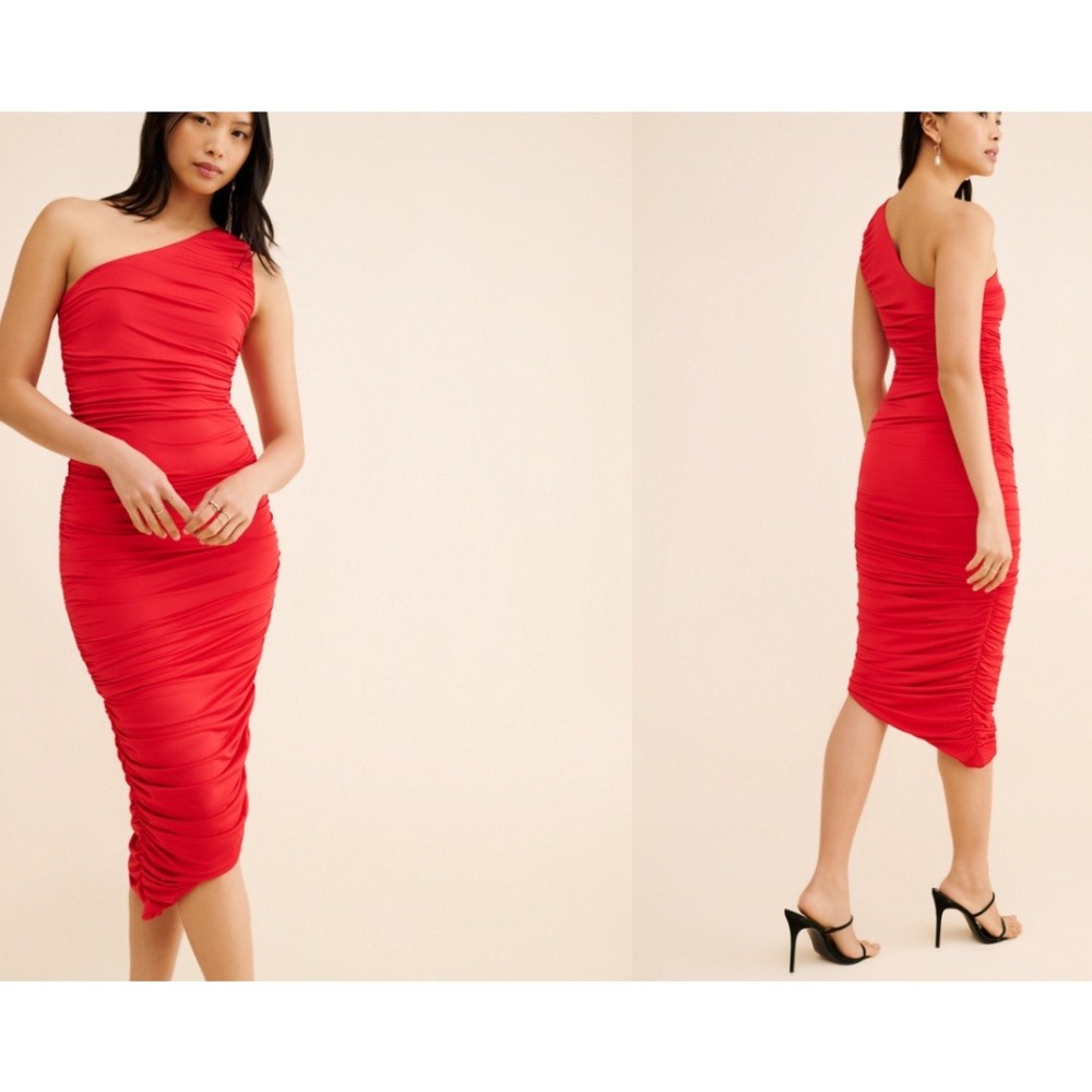 Kasia Jersey One Shoulder Ruched Midi Dress Size XS Red‎ Bodycon Sexy Date Night